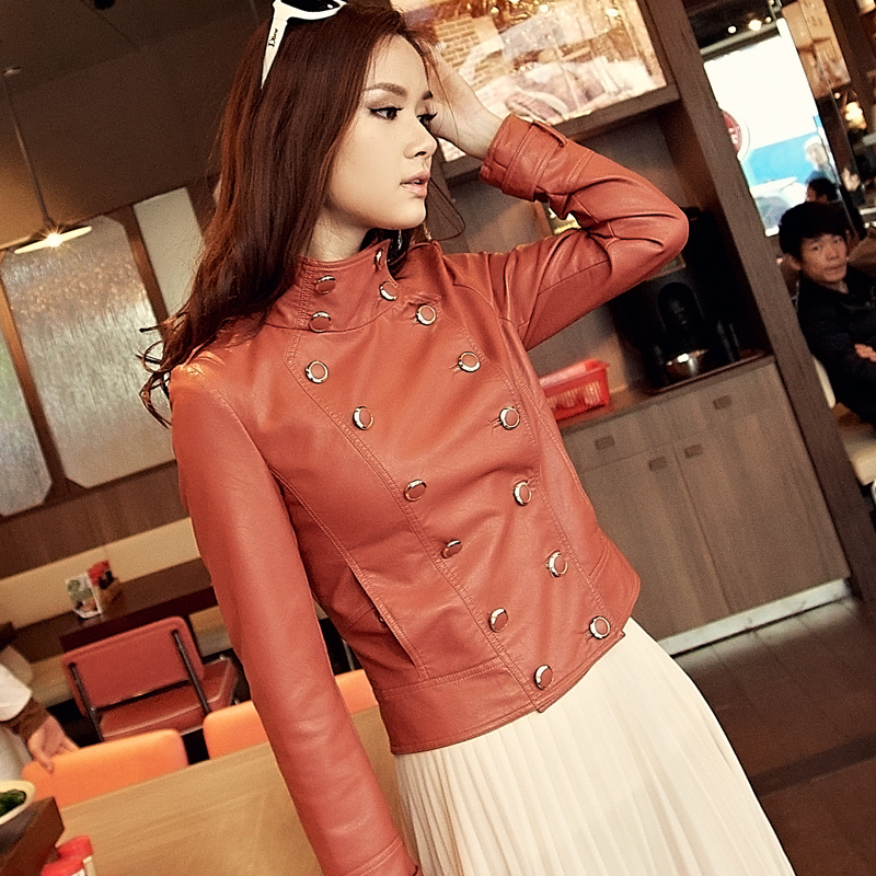 Free Shipping 2013 spring brick red PU double breasted leather clothing wholesale and retail