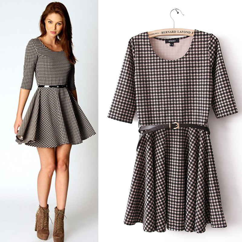 Free shipping 2013 spring british style houndstooth plaid half sleeve belt skateboard one-piece dress asosi