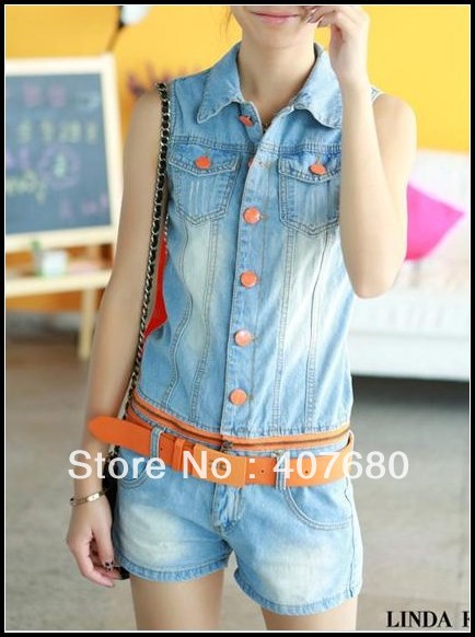 Free Shipping 2013 Spring can be Divided Denim Jumpsuit Lapel Sleeveless Vest+Hot Shorts With A Free Belt