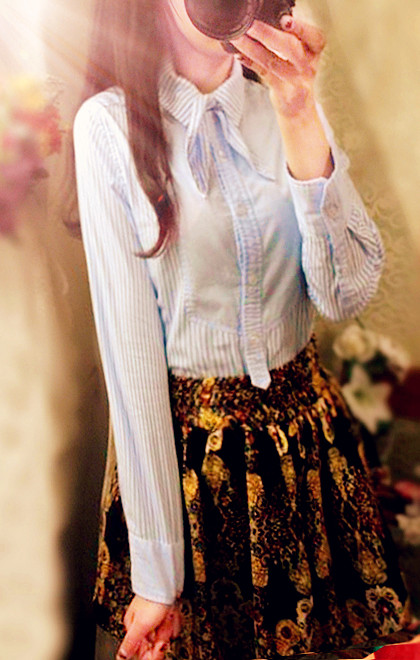 Free shipping 2013 spring check bow preppy style vintage cotton shirt