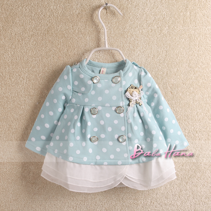 Free Shipping 2013 spring child baby girls clothing baby double breasted trench outerwear bear dot cardigan