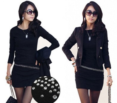 free shipping 2013 spring dress Charming Ladies Dress Round Collar Long Sleeve Women's Clothing Paillette Black Dresses