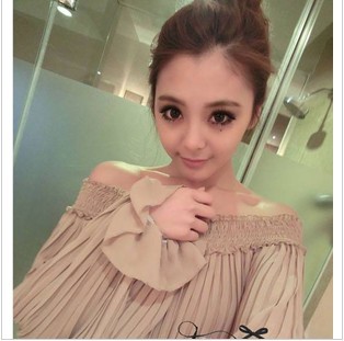 free shipping 2013 spring duras sexy slit neckline ruffle strapless baimuer t-shirt long-sleeve chiffon