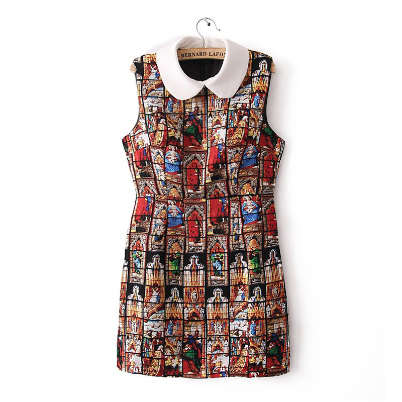 Free Shipping 2013 Spring Europe Style Peter Pan Collar Sleeveless Portrait Print Dress