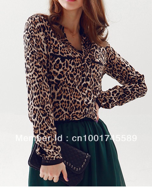 Free shipping 2013 spring fashion Blouses women's leopard print slim long-sleeve ol fashion chiffon thin shirt