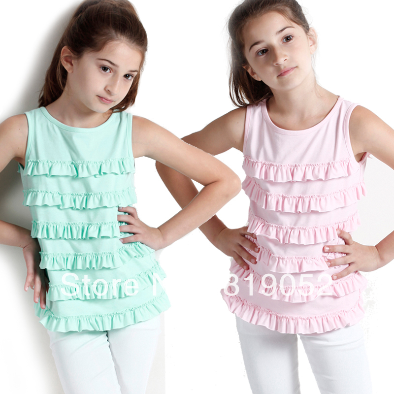 Free Shipping 2013 Spring Fashion Female Child Sleeveless100% Cotton Pleated Girl Casual T-Shirt