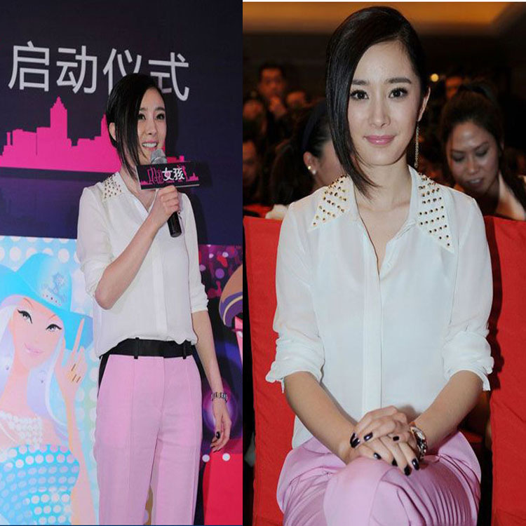 Free Shipping 2013 Spring Fashion Metal Rivet Turn-down Collar Long-sleeve Loose Chiffon Shirt