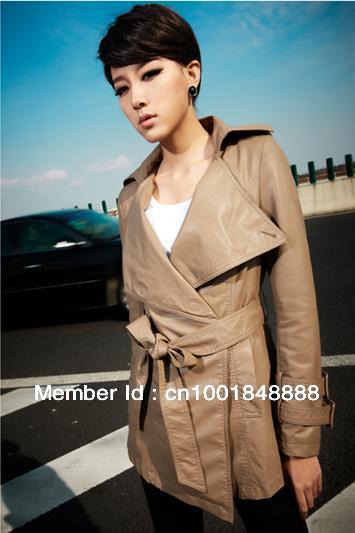 Free Shipping! 2013 spring fashion retro megnet button windbreaker for womens slim leather trench coat long windcoat
