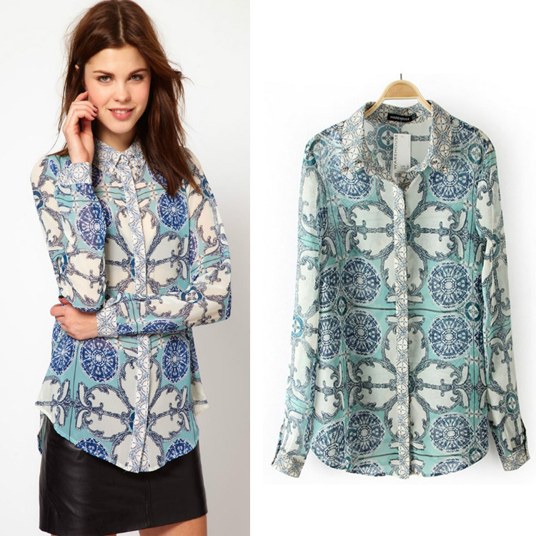 Free Shipping 2013 Spring Fashion Rivet Turn-down Collar Print Loose Chiffon Shirt Women's Shirt