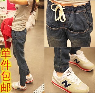 Free Shipping 2013 spring fashion street style jeans pants elastic waist plus size drawstring harem pants trousers