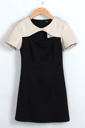 Free Shipping 2013 Spring Fashion Synthetic Leather Patchwork Slim Short-sleeve Dress