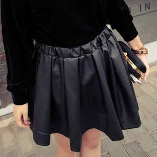 Free Shipping 2013 spring fashion vintage PU faux leather skirt fluffy short skirt elastic waist expansion skirt bust skirt