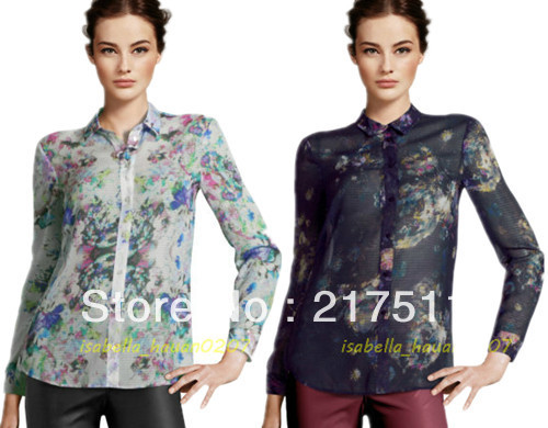 Free Shipping 2013 Spring Fashion Women Long Sleeve Shirts White/Black Turn Down Collar Breathable Floral Print Chiffon Blouse41