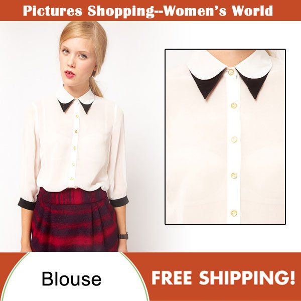 Free shipping!2013 spring fashion women's half sleeve shirts double collar color block all-matched ladies chiffon blouses PS0021