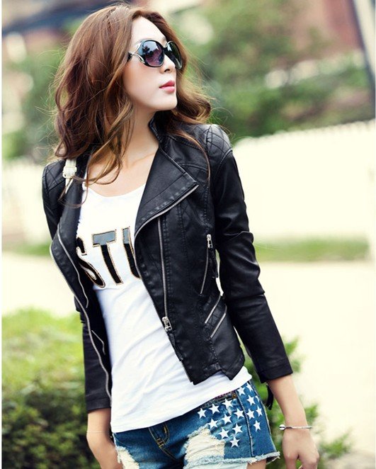 Free shipping 2013 Spring Fashion Womens Top PU leather Turndown Collar Plaid Coat Fur Clothing Short leather Jacket MP019