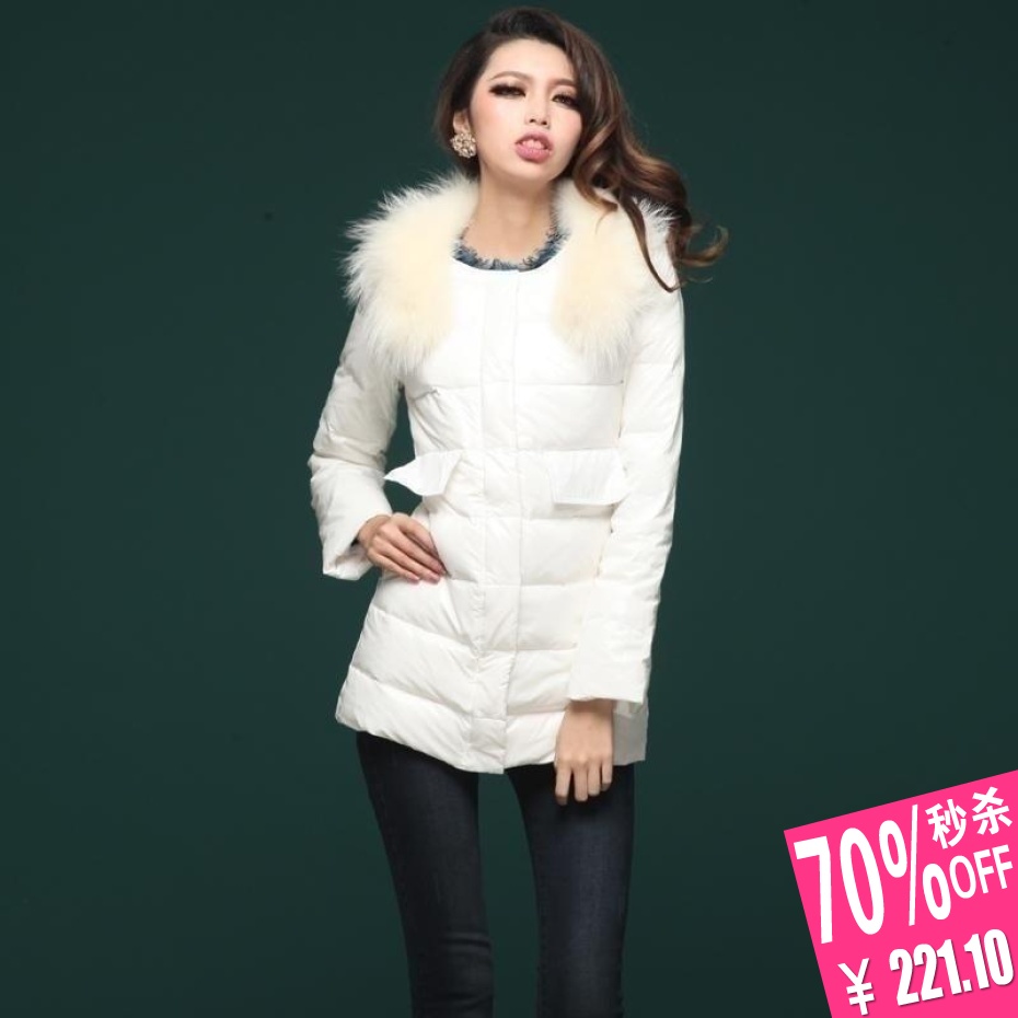 Free Shipping 2013 Spring female luxury fox fur decoration slim medium-long down coat