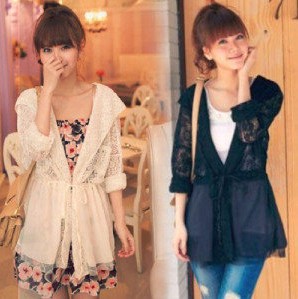 free shipping 2013 spring gauze lace cape jacket slim women's long-sleeve with a hood cardigan