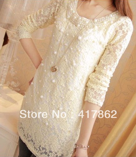 free shipping 2013 spring high quality lace basic shirt Women all-match medium-long slim shirt lace shirt