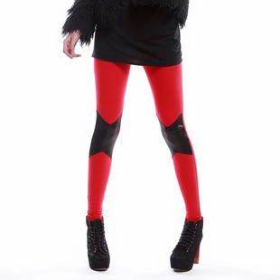 free shipping 2013 spring high waist patchwork faux leather skinny pants cotton female 2 women's legging