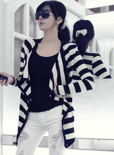 Free Shipping 2013 spring irregular asymmetrical shoulder pads elegant shoulder pad stripe all-match long design outerwear BLY26