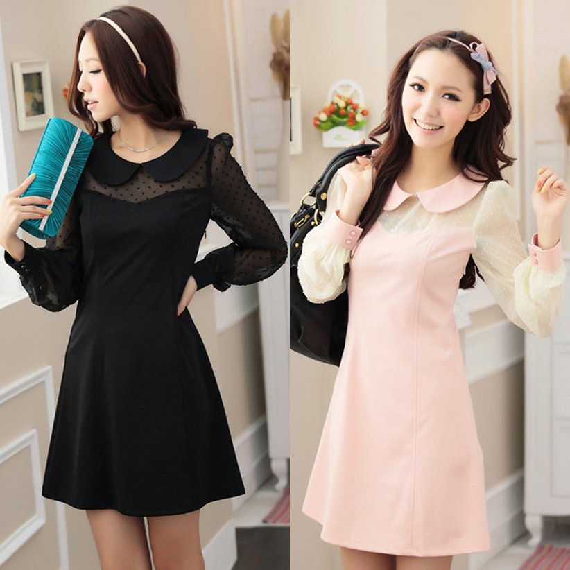 free shipping 2013 spring  Korea women's cute  slim peter pan collar shirt chiffon patchwork long sleeve dress
