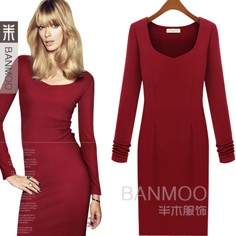Free Shipping 2013 spring Korean Brief O-neck long sleeve solid slim plus size women dress 2215RJ