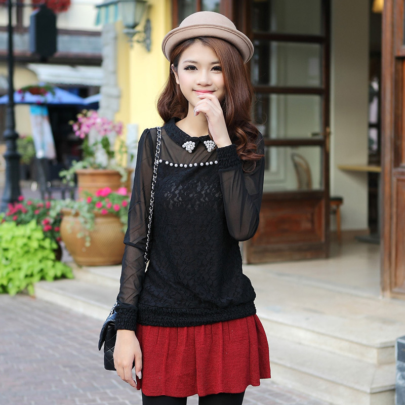Free shipping 2013 spring lace shirt puff sleeve lace basic top