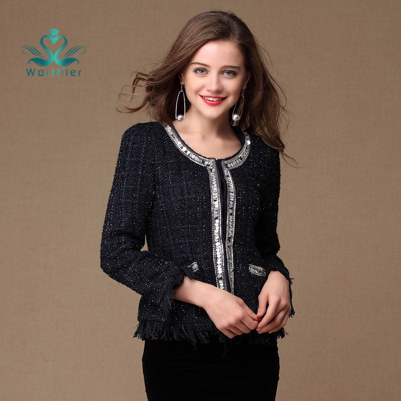 Free Shipping 2013 spring ladies tweed fabric small tassel short jacket classic paillette beading women's