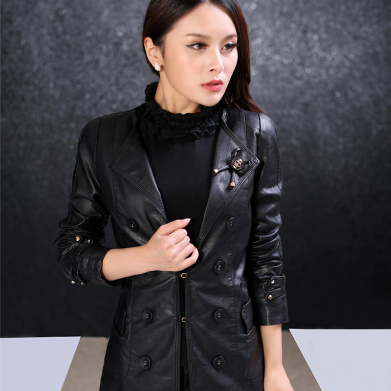 Free Shipping 2013 Spring   leather clothing outerwear female medium-long slim outerwear p201