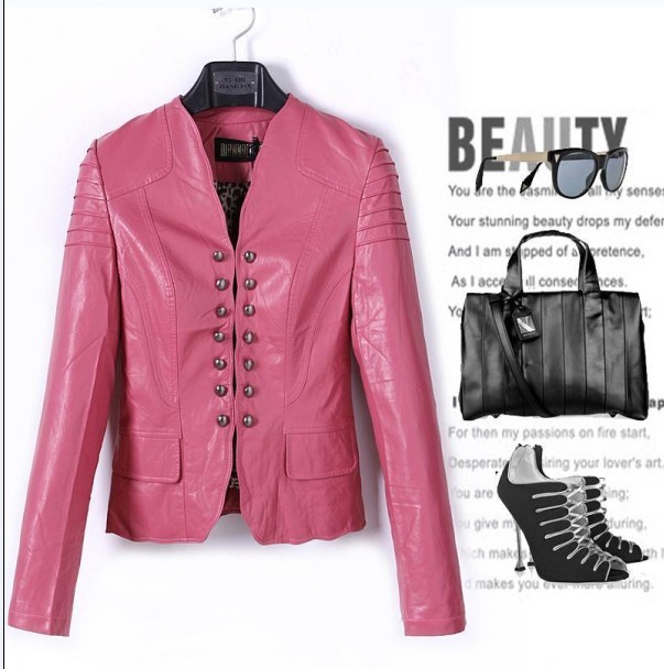 Free shipping ,2013 Spring long-sleeve V-neck slim pu leather women jacket ,female fashion short  pu blazer outwear