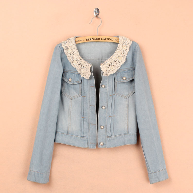 Free shipping 2013 spring new arrival casual short design denim outerwear sweet pearl o-neck long-sleeve denim short jacket