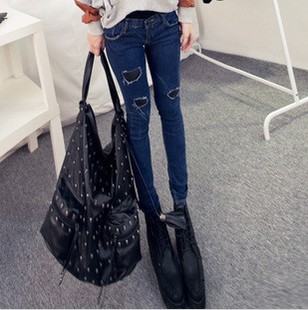 Free Shipping 2013 spring new arrival fashion all-match black leather patch blue jeans pencil pants female b713
