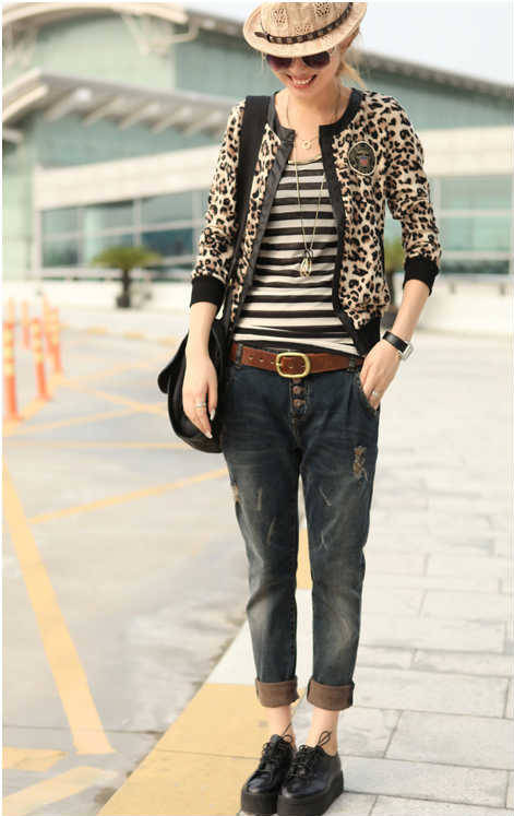 FREE SHIPPING! 2013 spring new arrival  fashion women slim short jacket,female spring fashion leopard print PU Packwork outwear