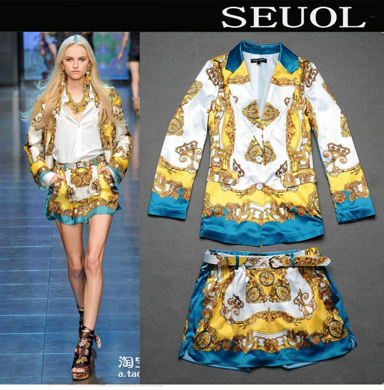 Free shipping 2013 Spring New arrival noble print silk satin suit set short skirt casual 2 piece set a-line skirt