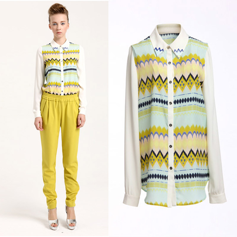 Free shipping 2013 spring new arrival ol fashion brief geometry print medium-long wave chiffon shirt 113110c403