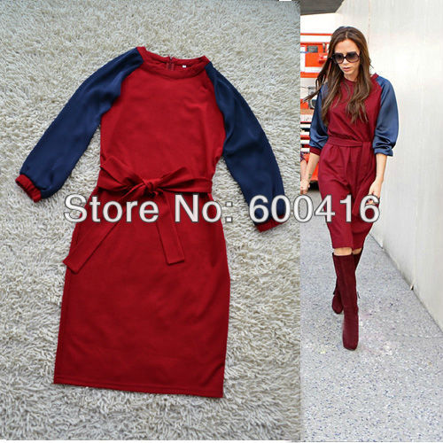 Free Shipping 2013  Spring New Arrival Victoria Silk sleeve +Stretch Cotton Dress 0101HU01