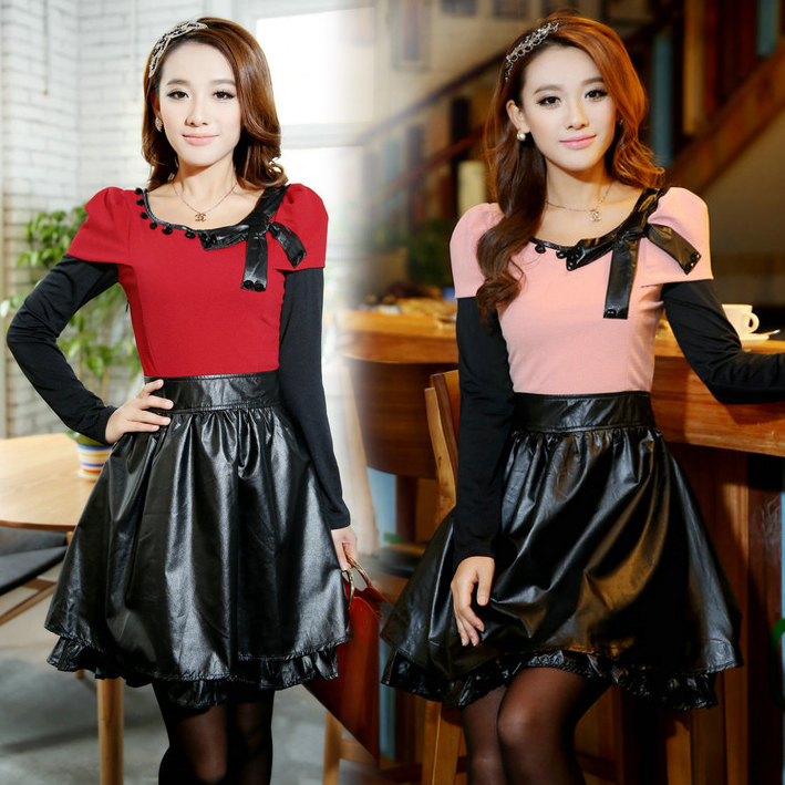 Free shipping 2013 spring new arrival women's knitted leather large skirt faux two piece patchwork long-sleeve dress