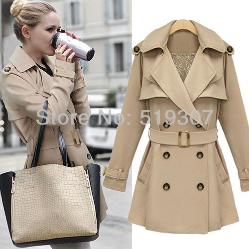 Free shipping 2013 Spring New Classical Fashion Loose Lapel Double Breasted Sashes Slim Deep V-neck Women Trench Coat Wholesale