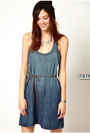 free shipping 2013 spring new Europe and America style sleeveless leather cord waist cotton denim vest dress ft390