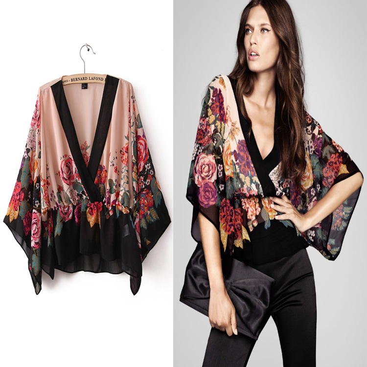 Free Shipping 2013 Spring New European And American V-neck Waist Elastic Positioning Print Chiffon Shirt Sleeve Shirt
