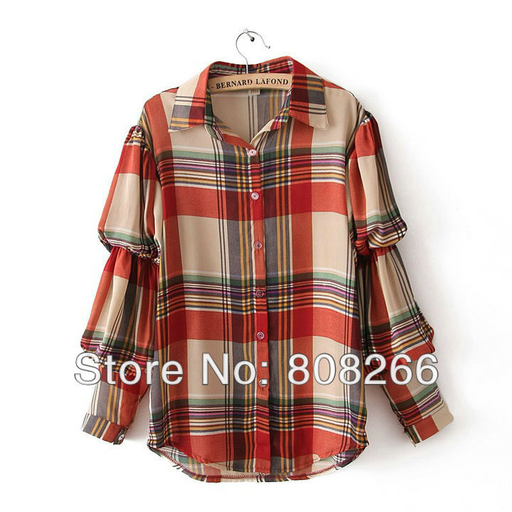 free shipping 2013 spring new fashion chiffon women blouse puff sleeve grid women shirt 3 colors