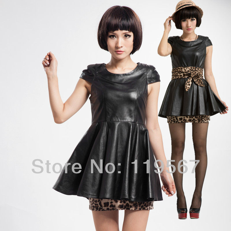 Free Shipping! 2013 Spring New  Fashion One-Piece Dress  Leather Skirt  Genuine Sheepskin   Leopard 1203C