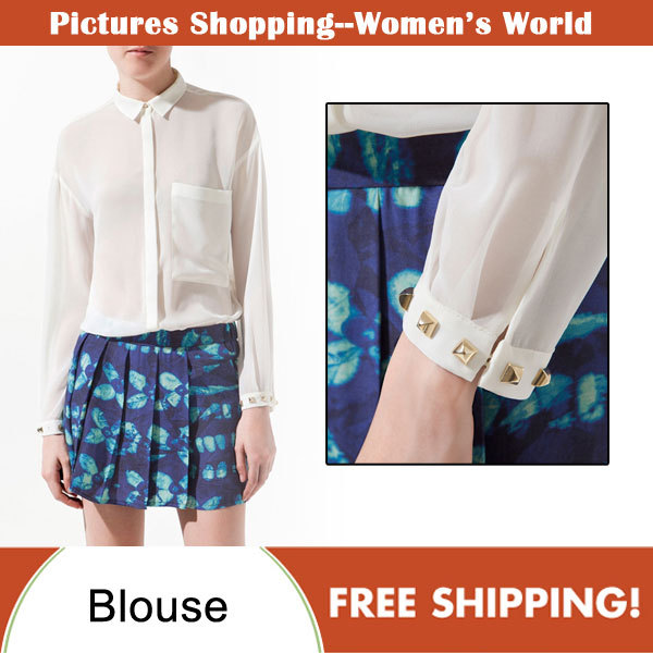 Free shipping!2013 spring new Fashion women's clothing long sleeve shirt chiffon rivet on wristband ladies blouses PS0035