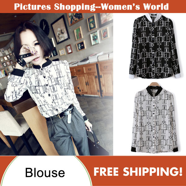 Free shipping!2013 spring new Fashion women's clothing long sleeve shirt robot print chiffon ladies blouses  PS0050