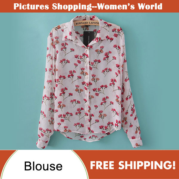 Free shipping!2013 spring new Fashion women's clothing long sleeve shirts wintersweet floral print chiffon ladies blouses PS0055