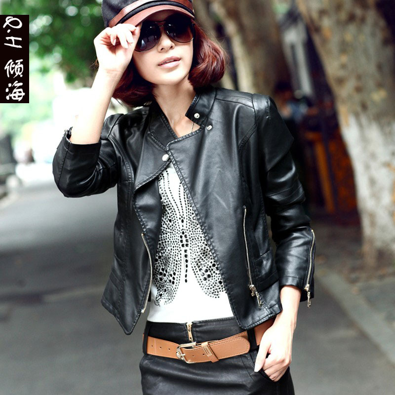 Free Shipping! 2013 spring new Korean locomotive short paragraph PU washed Pippi clothes large size stand-up collar jacket