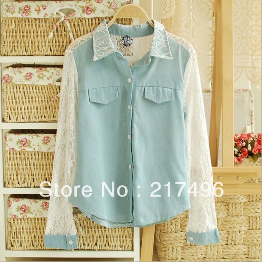 Free shipping 2013 spring new lace chiffon sweet and elegant long-sleeved shirt women