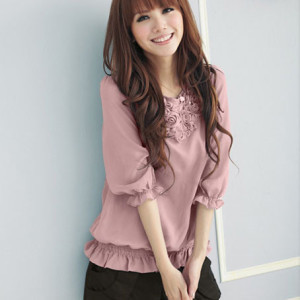 free shipping ] 2013 spring new ladies sweet flowers round neck sleeve chiffon shirt 228