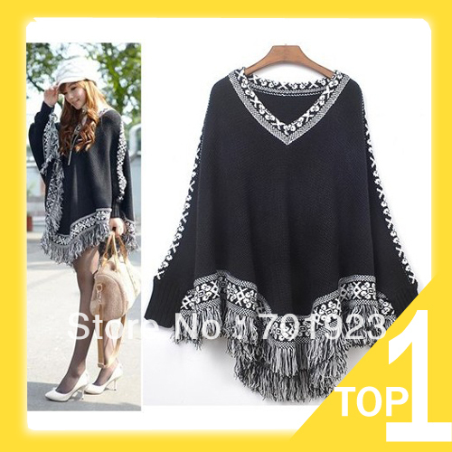 free shipping 2013  spring new national trend V-neck tassel long sleeve cloak cape laides' sweater  Y7086