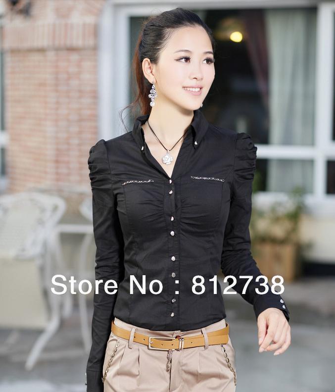 Free shipping 2013 spring new Slim Puff Sleeve shirts Korean female long-sleeved stretch cotton casual white shirt